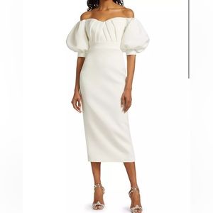 Badgley Mischka scuba off the shoulder midi white dress size 4